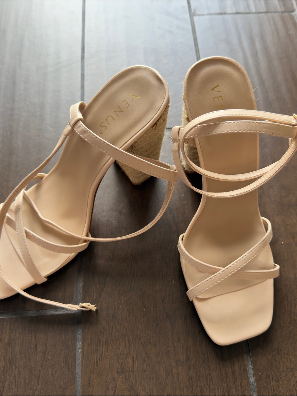 VENUS beige strappy wedge sandals with ankle ties